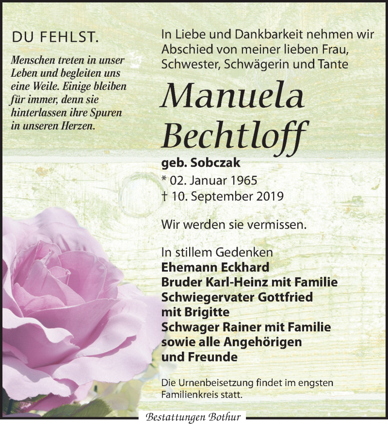  Traueranzeige für Manuela Bechtloff vom 14.09.2019 aus Leipziger Volkszeitung