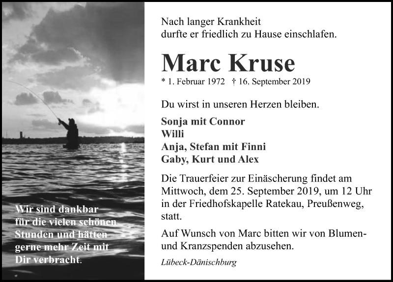  Traueranzeige für Marc Kruse vom 22.09.2019 aus Lübecker Nachrichten