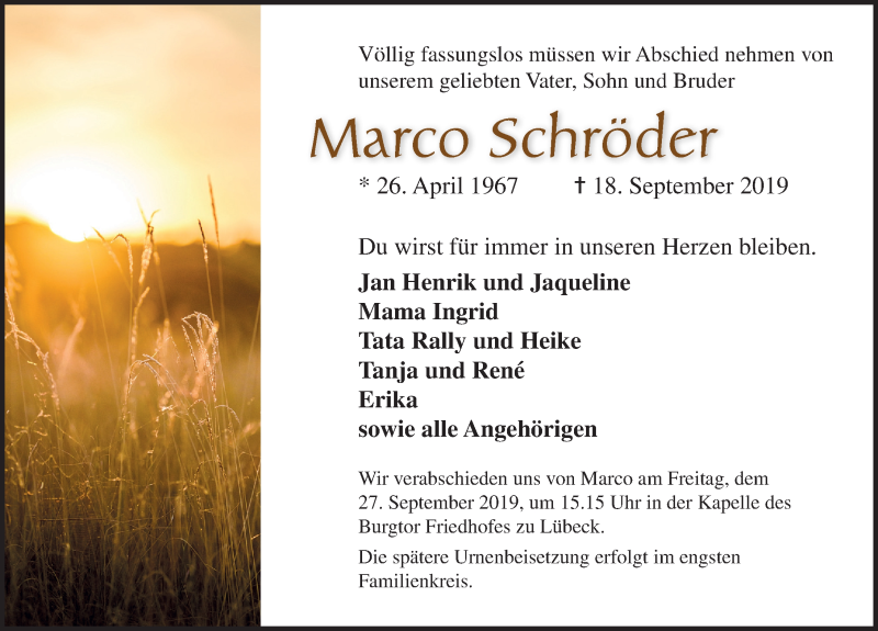  Traueranzeige für Marco Schröder vom 24.09.2019 aus Lübecker Nachrichten