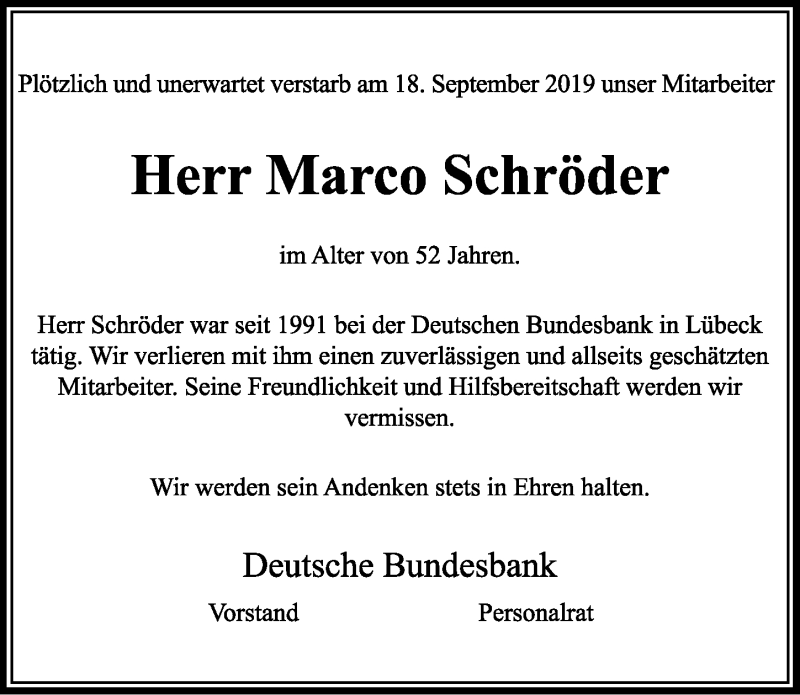  Traueranzeige für Marco Schröder vom 25.09.2019 aus Lübecker Nachrichten