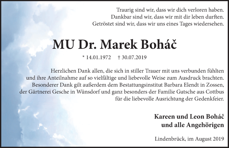  Traueranzeige für Marek Bohác vom 31.08.2019 aus Märkischen Allgemeine Zeitung