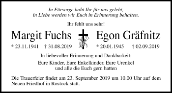 Traueranzeige von Margit Fuchs von Ostsee-Zeitung GmbH