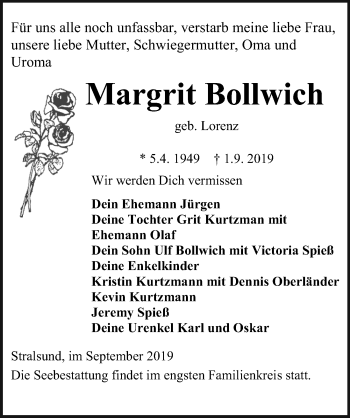 Traueranzeige von Margrit Bollwich von Ostsee-Zeitung GmbH