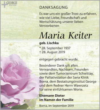 Traueranzeige von Maria Keiter von Leipziger Volkszeitung