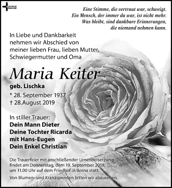 Traueranzeige von Maria Keiter von Leipziger Volkszeitung