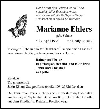 Traueranzeige von Marianne Ehlers von Lübecker Nachrichten