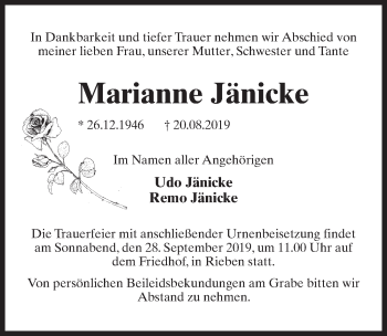 Traueranzeige von Marianne Jänicke