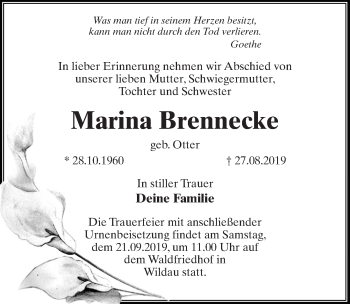 Traueranzeige von Marina Brennecke von Märkischen Allgemeine Zeitung