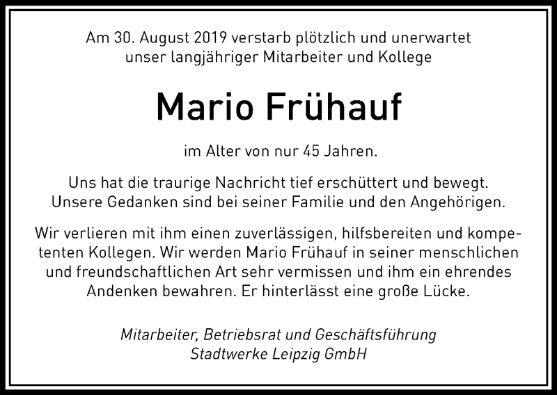  Traueranzeige für Mario Frühauf vom 14.09.2019 aus Leipziger Volkszeitung