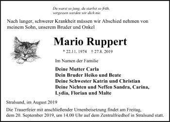 Traueranzeige von Mario Ruppert von Ostsee-Zeitung GmbH