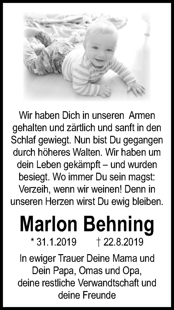  Traueranzeige für Marlon Behning vom 01.09.2019 aus Lübecker Nachrichten