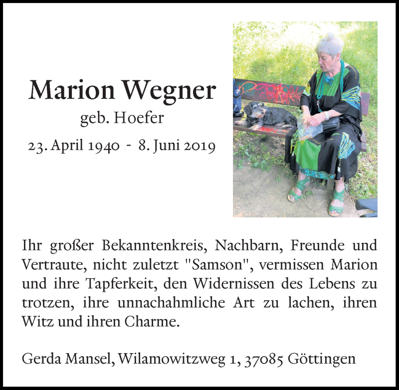  Traueranzeige für Marion Wegner vom 14.09.2019 aus Göttinger Tageblatt