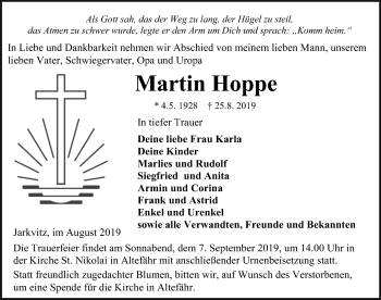 Traueranzeige von Martin Hoppe von Ostsee-Zeitung GmbH