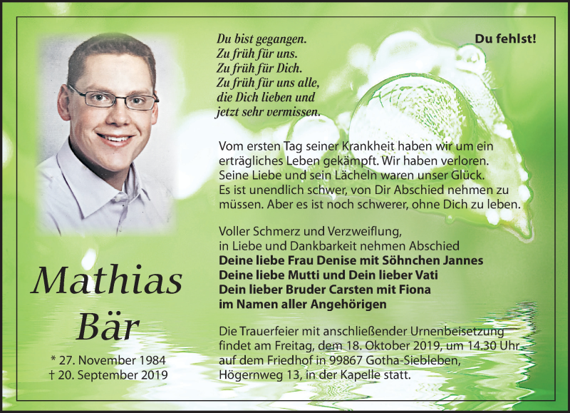  Traueranzeige für Mathias Bär vom 28.09.2019 aus Leipziger Volkszeitung