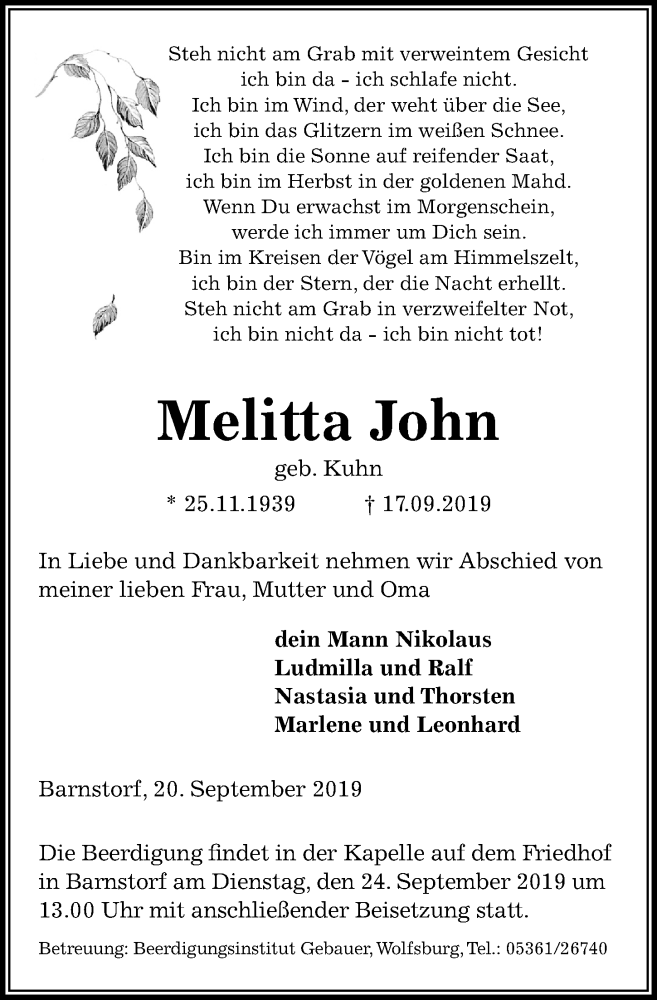  Traueranzeige für Melitta John vom 20.09.2019 aus Aller Zeitung
