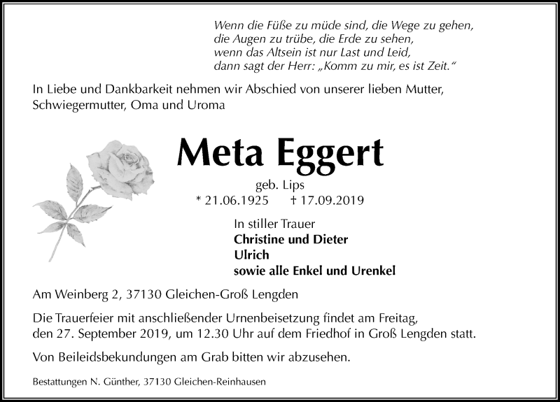  Traueranzeige für Meta Eggert vom 21.09.2019 aus Göttinger Tageblatt