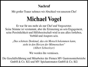 Traueranzeige von Michael Vogel von Ostsee-Zeitung GmbH