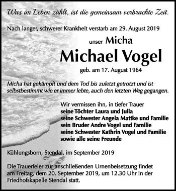 Traueranzeige von Michael Vogel von Ostsee-Zeitung GmbH