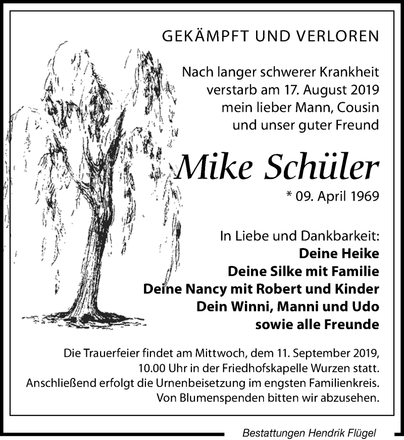  Traueranzeige für Mike Schüler vom 24.08.2019 aus Leipziger Volkszeitung