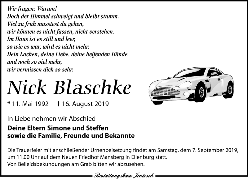  Traueranzeige für Nick Blaschke vom 31.08.2019 aus Leipziger Volkszeitung