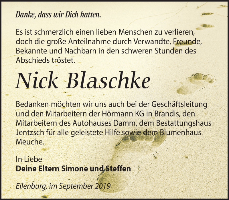  Traueranzeige für Nick Blaschke vom 21.09.2019 aus Leipziger Volkszeitung