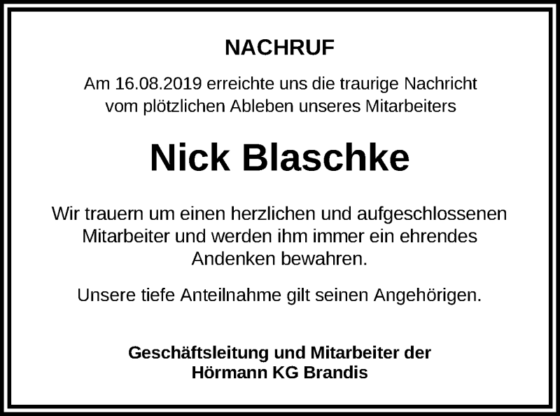  Traueranzeige für Nick Blaschke vom 31.08.2019 aus Leipziger Volkszeitung