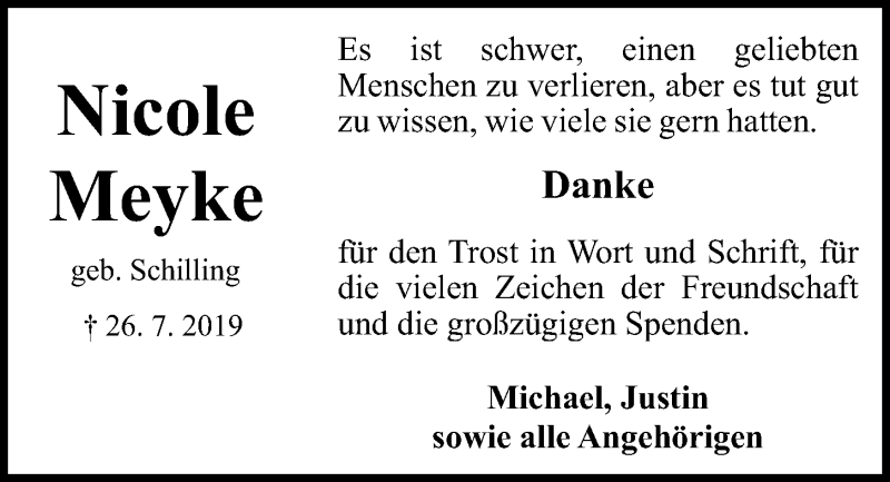  Traueranzeige für Nicole Meyke vom 07.09.2019 aus Kieler Nachrichten