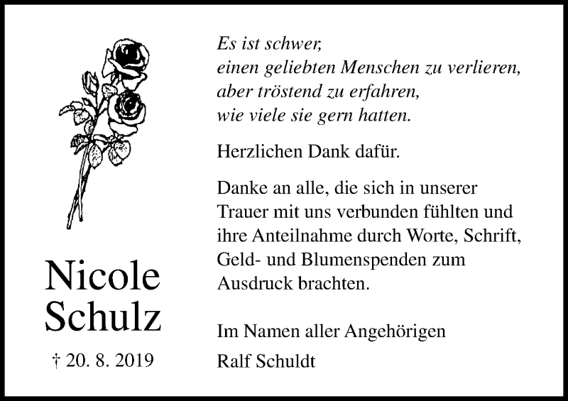  Traueranzeige für Nicole Schulz vom 21.09.2019 aus Ostsee-Zeitung GmbH