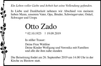Traueranzeige von Otto Zado von Ostsee-Zeitung GmbH