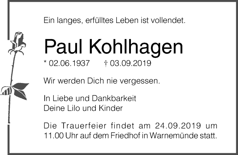  Traueranzeige für Paul Kohlhagen vom 14.09.2019 aus Ostsee-Zeitung GmbH