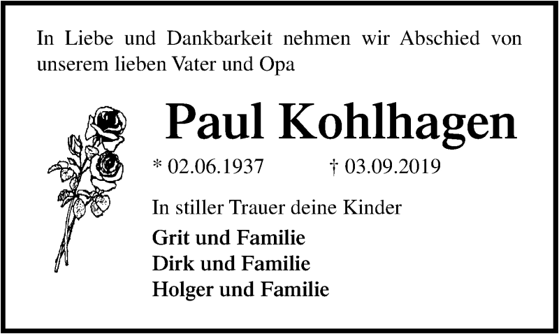  Traueranzeige für Paul Kohlhagen vom 14.09.2019 aus Ostsee-Zeitung GmbH