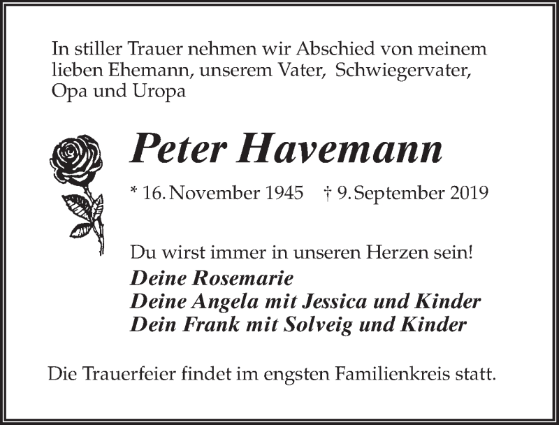  Traueranzeige für Peter Havemann vom 14.09.2019 aus Märkischen Allgemeine Zeitung