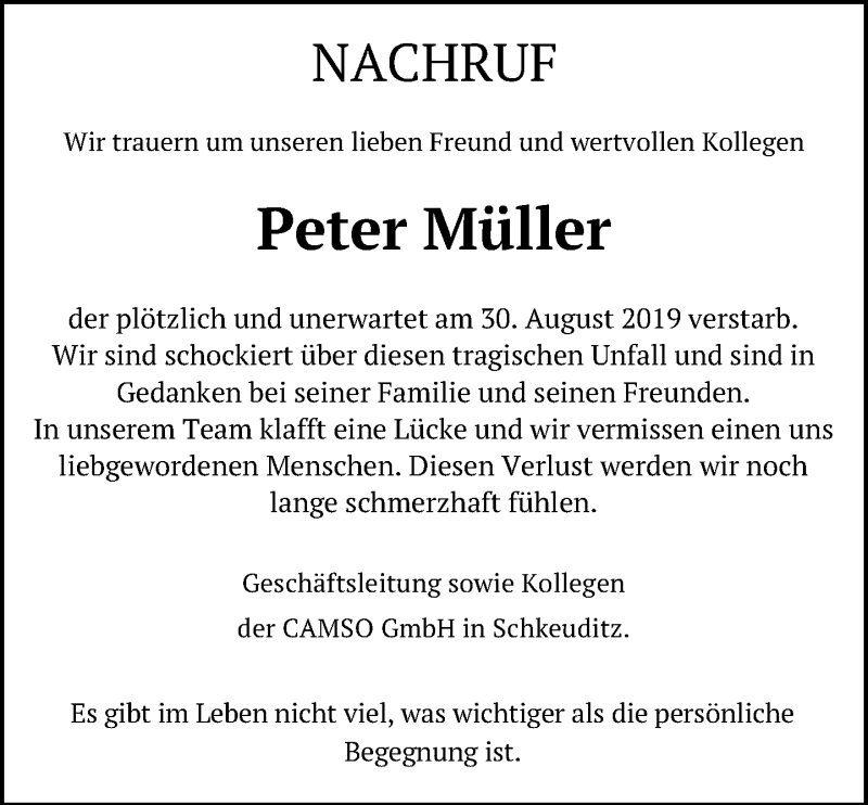  Traueranzeige für Peter Müller vom 07.09.2019 aus Leipziger Volkszeitung