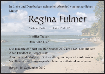 Traueranzeige von Regina Fulmer von Ostsee-Zeitung GmbH