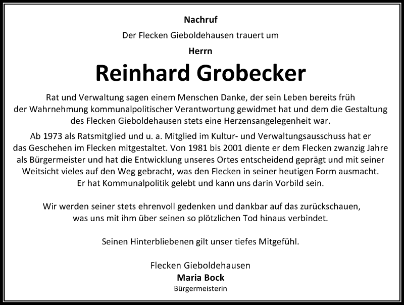  Traueranzeige für Reinhard Grobecker vom 13.09.2019 aus Eichsfelder Tageblatt