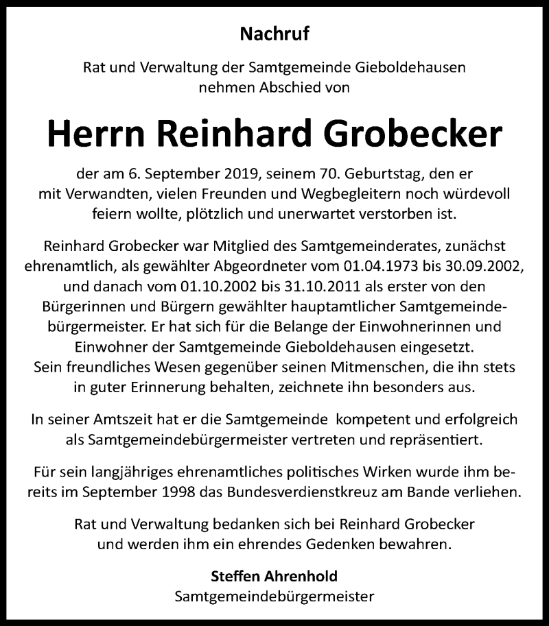  Traueranzeige für Reinhard Grobecker vom 12.09.2019 aus Eichsfelder Tageblatt