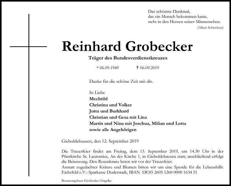  Traueranzeige für Reinhard Grobecker vom 12.09.2019 aus Göttinger Tageblatt