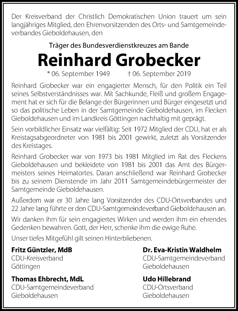  Traueranzeige für Reinhard Grobecker vom 14.09.2019 aus Eichsfelder Tageblatt