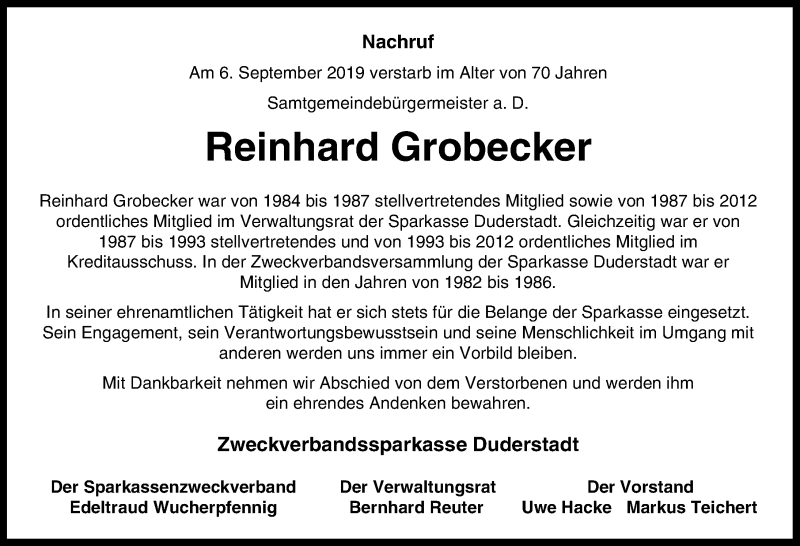  Traueranzeige für Reinhard Grobecker vom 13.09.2019 aus Eichsfelder Tageblatt