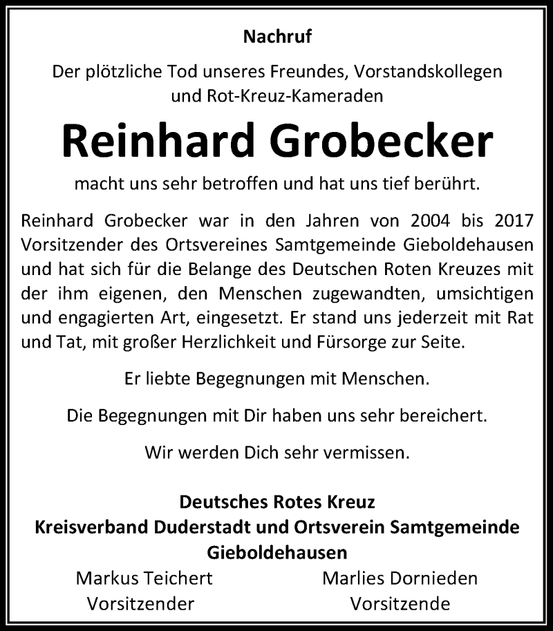  Traueranzeige für Reinhard Grobecker vom 12.09.2019 aus Eichsfelder Tageblatt