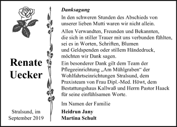 Traueranzeige von Renate Uecker von Ostsee-Zeitung GmbH