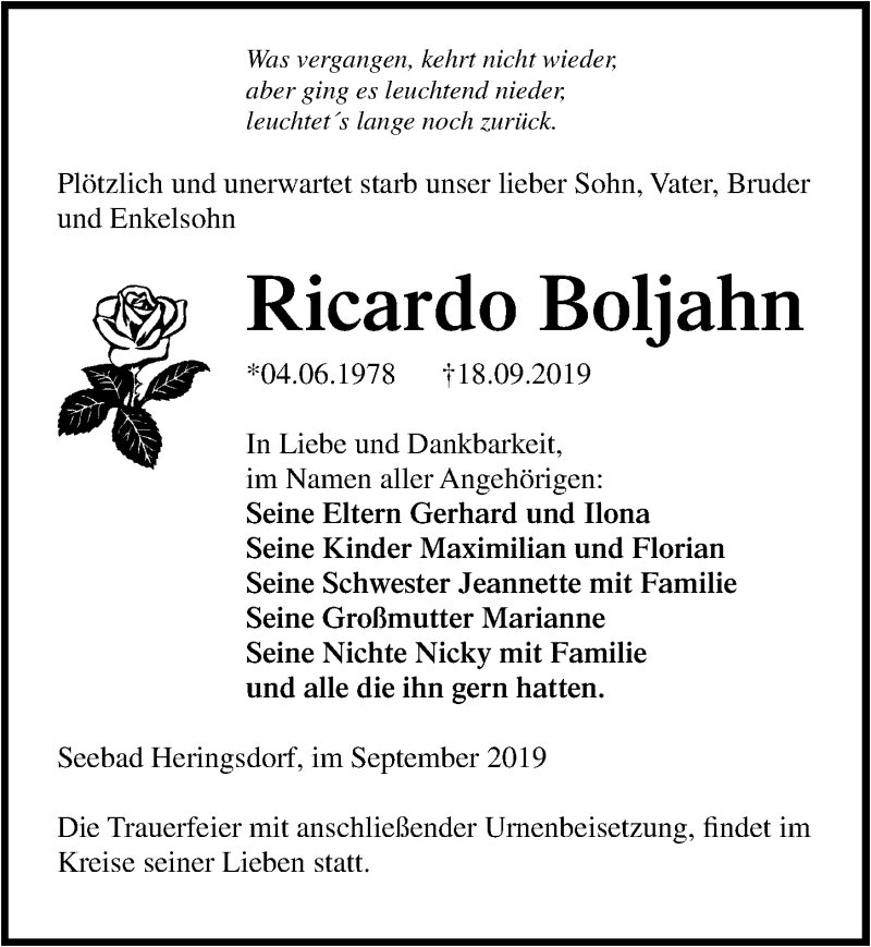 Traueranzeige für Ricardo Boljahn vom 21.09.2019 aus Ostsee-Zeitung GmbH
