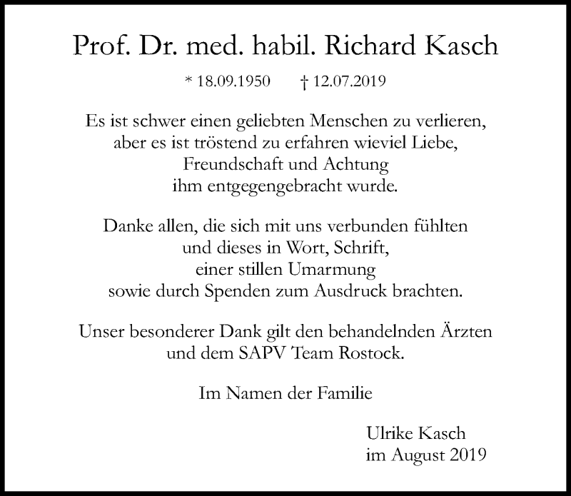 Traueranzeige für Richard Kasch vom 31.08.2019 aus Ostsee-Zeitung GmbH