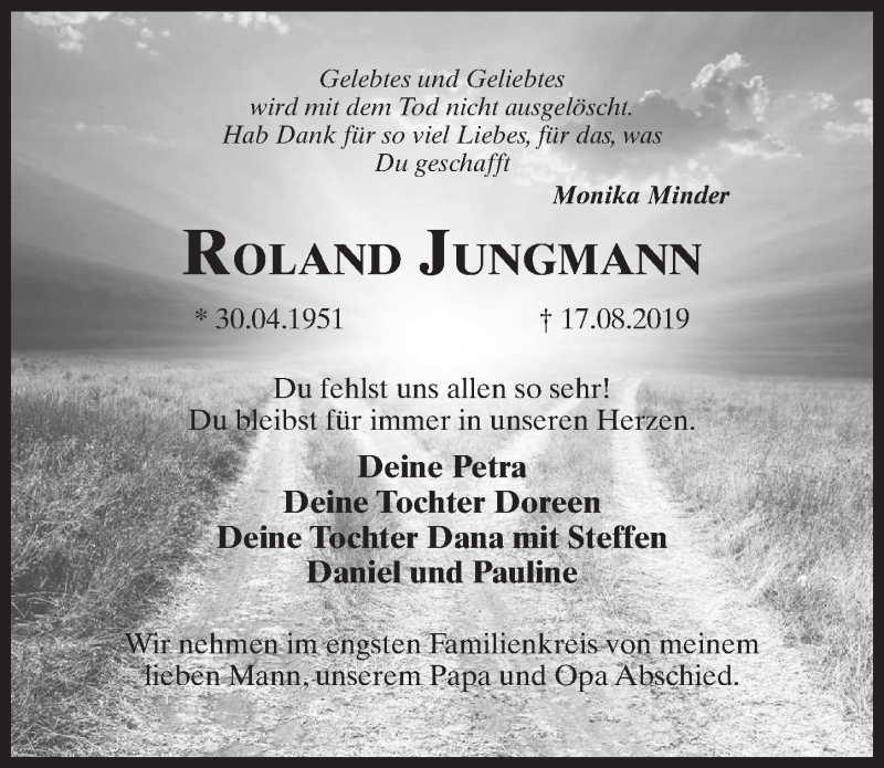  Traueranzeige für Roland Jungmann vom 24.08.2019 aus Märkischen Allgemeine Zeitung