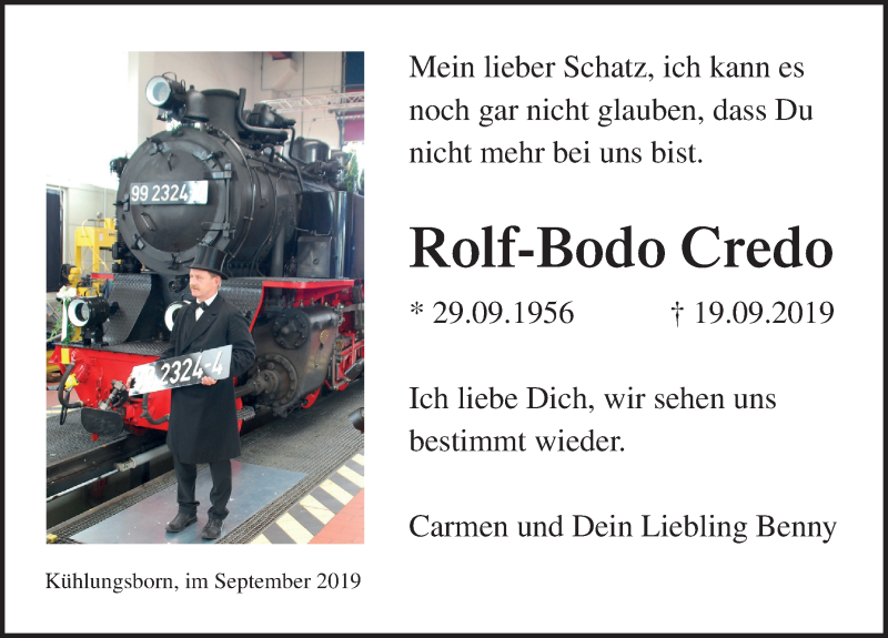  Traueranzeige für Rolf-Bodo Credo vom 28.09.2019 aus Ostsee-Zeitung GmbH
