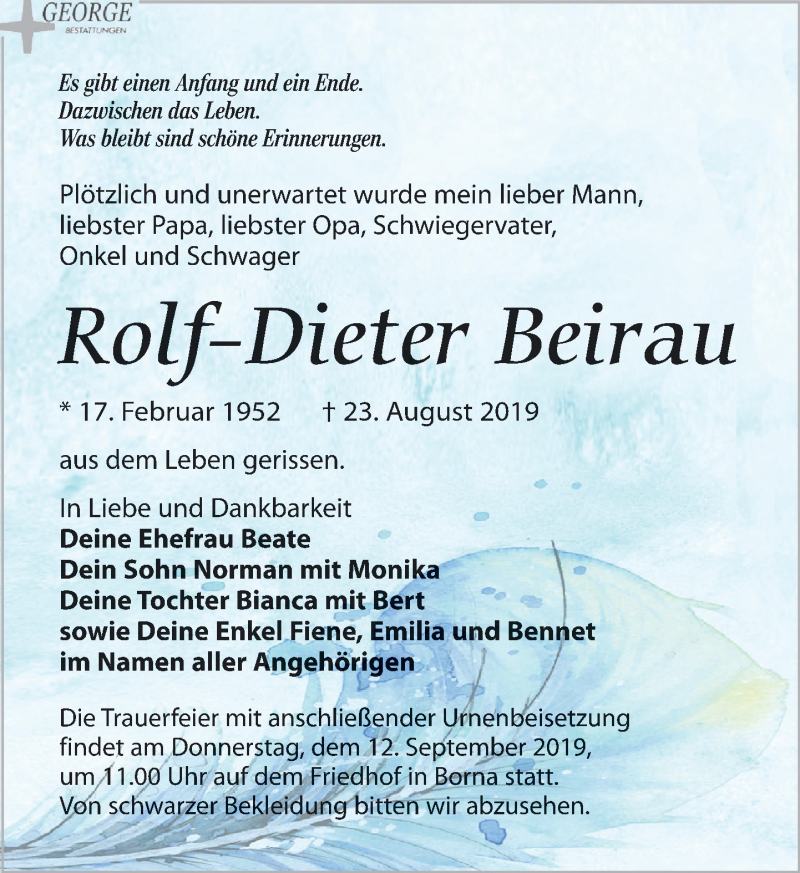 Traueranzeige für Rolf-Dieter Beirau vom 07.09.2019 aus Leipziger Volkszeitung