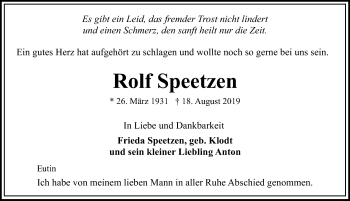 Traueranzeige von Rolf Speetzen von Lübecker Nachrichten