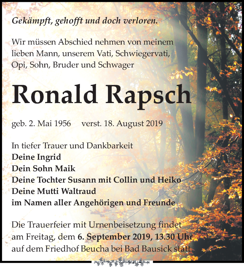 Traueranzeige für Ronald Rapsch vom 24.08.2019 aus Leipziger Volkszeitung