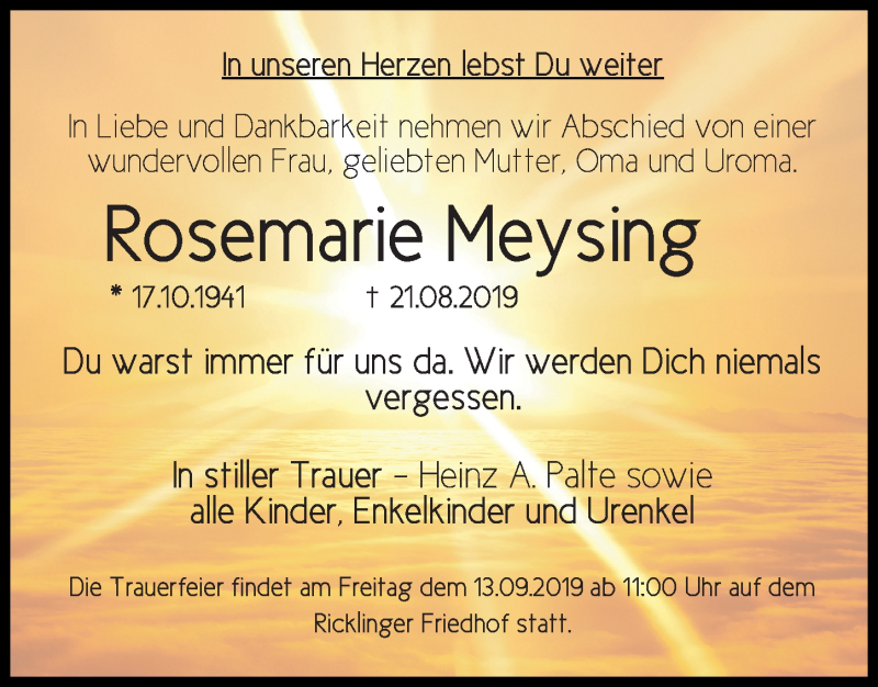  Traueranzeige für Rosemarie Meysing vom 07.09.2019 aus Hannoversche Allgemeine Zeitung/Neue Presse
