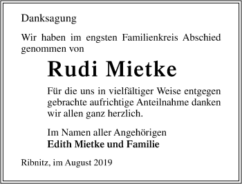 Traueranzeige von Rudi Mietke von Ostsee-Zeitung GmbH